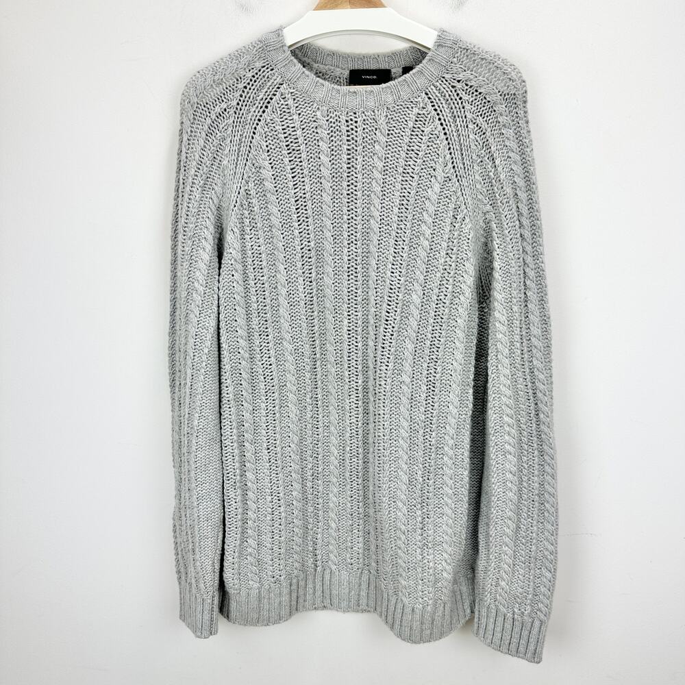 Vince Wool Cashmere Cable Knit Sweater Crewneck Fisherman Raglan Gray Mens Large